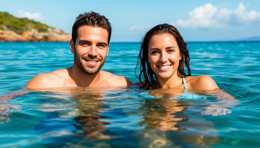 На фото парень и девушка купаются в море