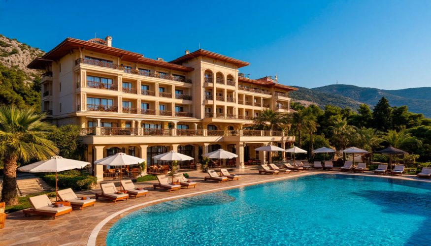 На фото отель с бассейном.