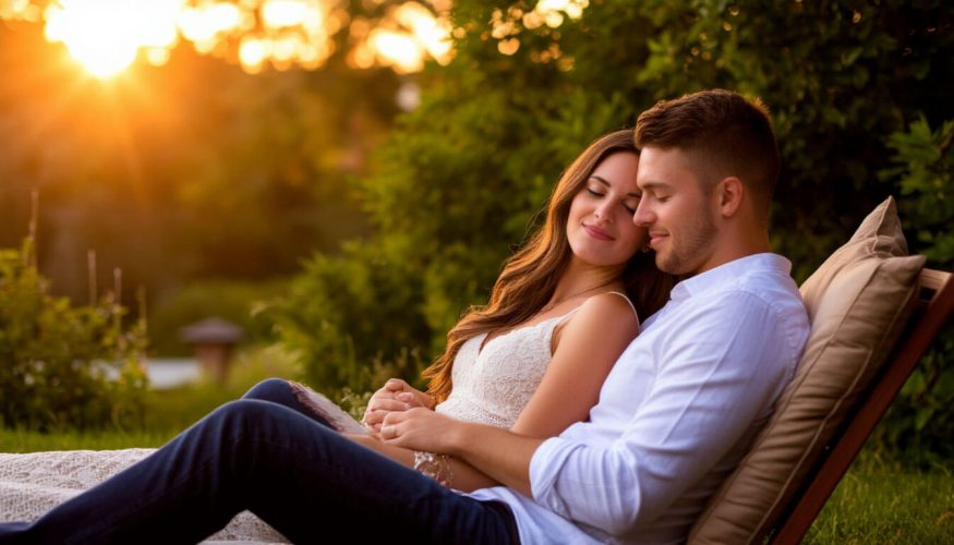 На фото пара отдыхает на шезлонге.