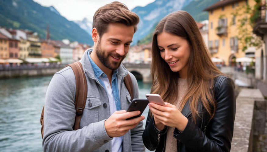 На фото молодая пара путешествует по Европе