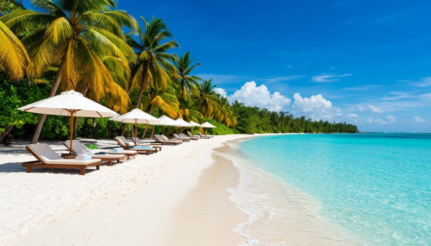 На фото пляж с белоснежным песком.