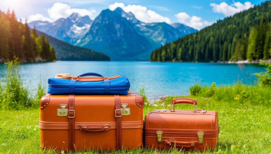 На фото стоят чемоданы на фоне гор.