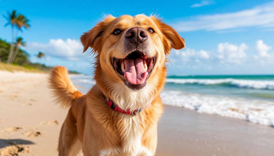 На фото счастливая собака на пляже.