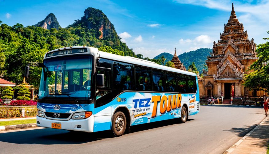 На фото автобус с надписью TEZ TOUR едет по живопосному Таиланду.