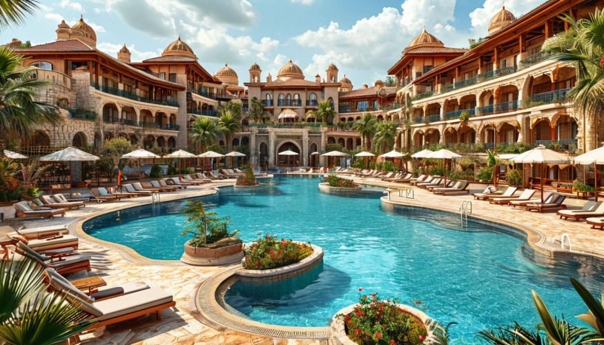 Отдых в Турции с детьми по системе всё включено с перелётом из Москвы. На фото изображен шикарный отель.