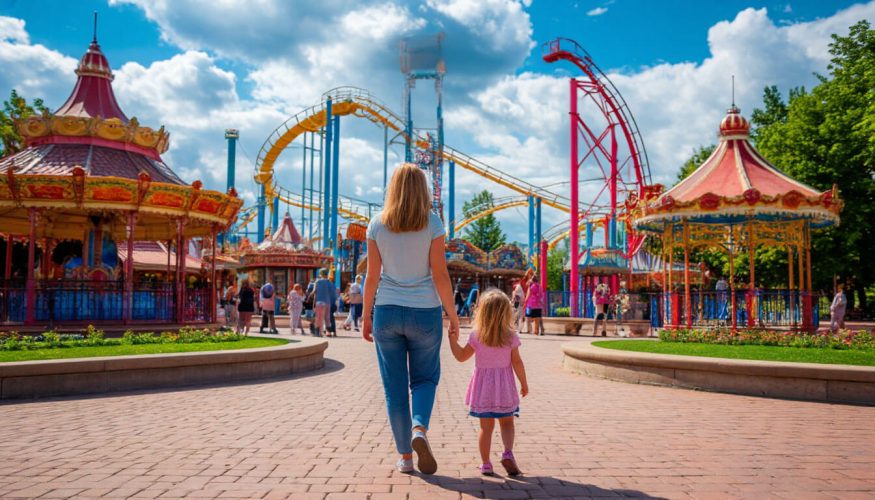 На фото мама с дочкой гуляют по парку аттракционов.