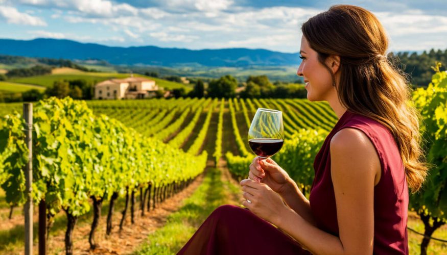 На фото женщина наслаждается бокалом вина на фоне гор и виноградника.
